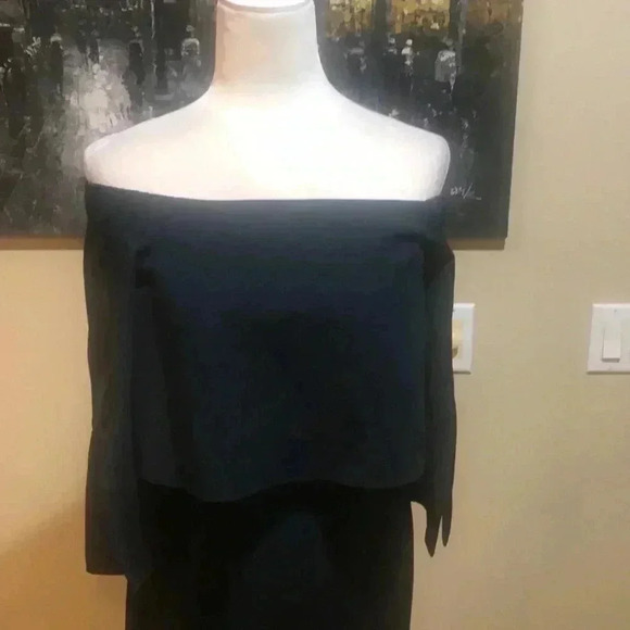 ASOS Navy Split Bell Sleeves Faux Top On/Off Shoulder Zipper Back Jumpsuit-Sz 4 - Picture 10 of 16